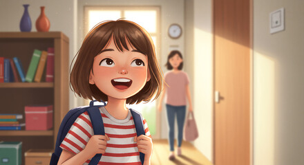 A cheerful young girl with a backpack smiles brightly, looking enthusiastic for school
