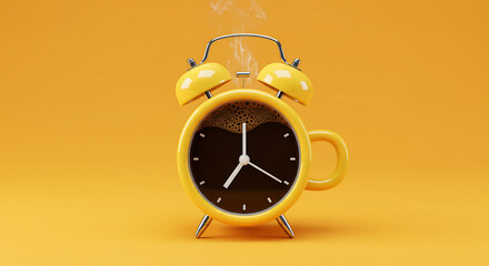 A conceptual 3D render of a vibrant yellow alarm clock with a steaming coffee face and a mug handle. This symbolizes morning energy