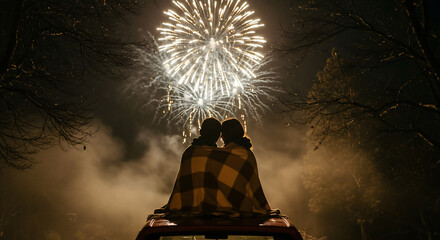 A couple watches fireworks from a car roof, sharing a blanket. They celebrate a special occasion in nature