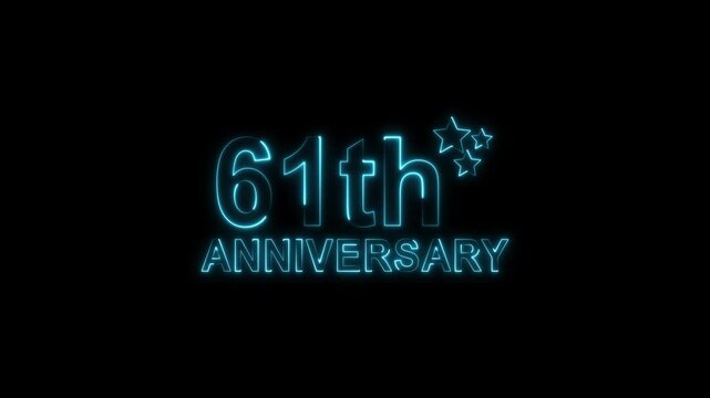 Celebrate 61th anniversary with glowing pink neon text and sparkling stars on a black backdrop, perfect for invitations, cards, and social media posts, evoking joy and milestone achievement