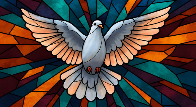 A digitally generated stained glass illustration featuring a white dove with outstretched wings against a backdrop of colorful geometric shapes