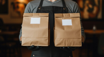 A gloved service worker holds two blank brown paper take-out bags
