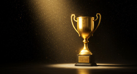 A gold trophy stands out against a dark backdrop with a spotlight. This image conveys success, achievement, and victory