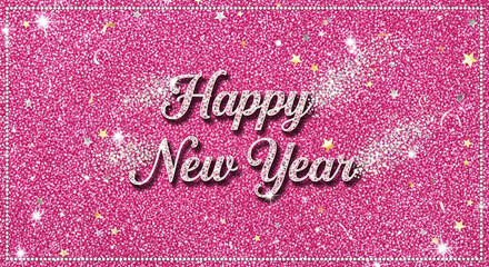 Sparkling happy new year text on a vibrant pink glitter background, adorned with shimmering stars and light trails, ideal for festive holiday greetings