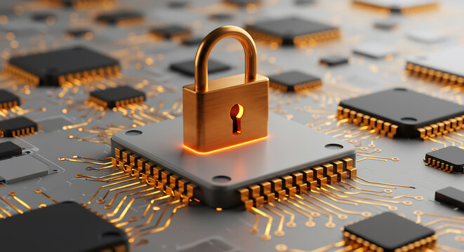 A gold padlock sits atop a computer processor, symbolizing data protection and cybersecurity - Powered by Adobe