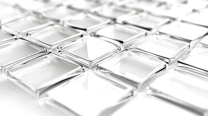 A detailed, abstract view of a grid of transparent, square-shaped elements with rounded edges, reflecting light.