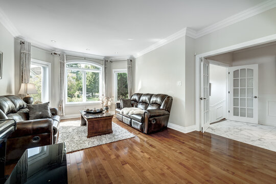 Exterior and interior of a modern Canad house with backyard, driveway, and complete living spaces. Includes living room, kitchen, bedrooms, bathrooms, hallways and basement