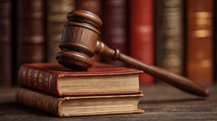 Wooden gavel resting on stacked red law books, representing justice, law enforcement, and legal system in a professional courtroom setting