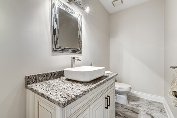 Exterior and interior of a modern Canad house with backyard, driveway, and complete living spaces. Includes living room, kitchen, bedrooms, bathrooms, hallways and basement