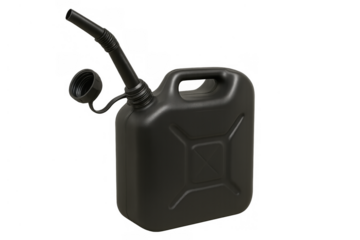 Black plastic jerry can with a flexible spout and attached cap, ready for fuel storage or transport, isolated on transparent background