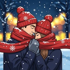 Cozy Winter Embrace - A Couple Sharing a Scarf in the Snow.