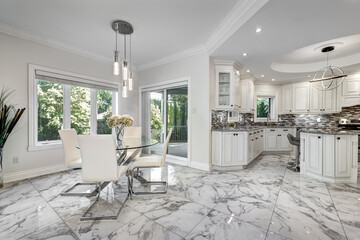 Exterior and interior of a modern Canad house with backyard, driveway, and complete living spaces. Includes living room, kitchen, bedrooms, bathrooms, hallways and basement