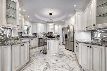 Exterior and interior of a modern Canad house with backyard, driveway, and complete living spaces. Includes living room, kitchen, bedrooms, bathrooms, hallways and basement