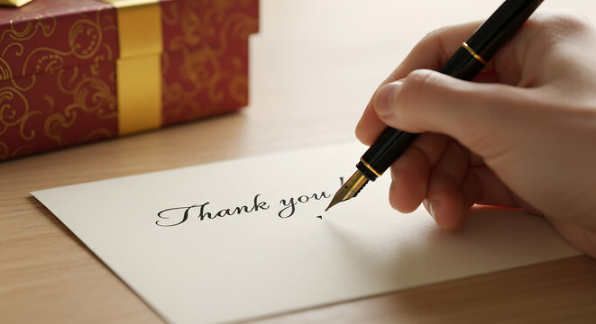 A hand uses a classic fountain pen to write 'Thank you! ' on a card