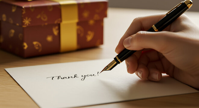 A hand writing a thank you card with a fountain pen. A gift box is in the background