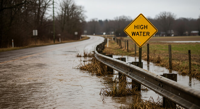 A high water warning sign is posted along a flooded rural road. The road is partially submerged in floodwater, causing a hazardous driving situation