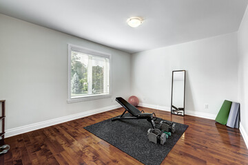 Exterior and interior of a modern Canad house with backyard, driveway, and complete living spaces. Includes living room, kitchen, bedrooms, bathrooms, hallways and basement