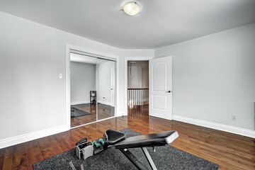 Exterior and interior of a modern Canad house with backyard, driveway, and complete living spaces. Includes living room, kitchen, bedrooms, bathrooms, hallways and basement