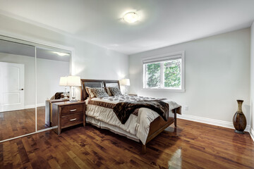 Exterior and interior of a modern Canad house with backyard, driveway, and complete living spaces. Includes living room, kitchen, bedrooms, bathrooms, hallways and basement