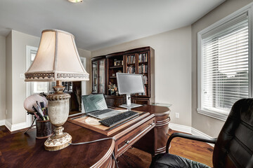 Exterior and interior of a modern Canad house with backyard, driveway, and complete living spaces. Includes living room, kitchen, bedrooms, bathrooms, hallways and basement