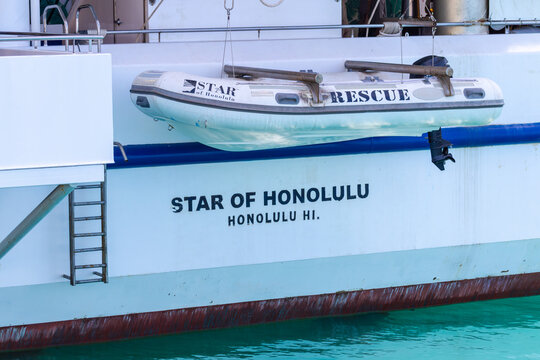 Close up of a resuce raft on The Star of Honolulu Cruise ship in dock at the Aloha Tower Marketplace,  Aloha Tower Drive, on February 26th, 2024 in Hawaii.