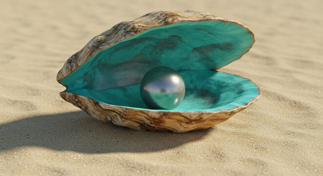 A lustrous pearl rests inside an open oyster shell. The clam shell displays a vibrant blue-green interior - Powered by Adobe