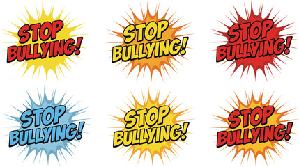 Colorful comic style stop bullying text explosion icons, anti bullying message graphics for awareness campaigns, school posters and social media design