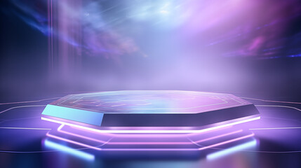 Vibrant futuristic hexagon stage with glowing neon lights and abstract purple-blue background, ideal for product display or virtual events.