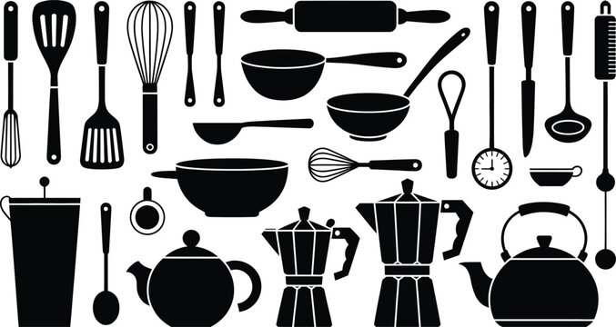 Black and White Illustration of Kitchen Utensils Spatulas, Teapots, Pots, and Cooking Supplies