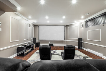 Exterior and interior of a modern Canad house with backyard, driveway, and complete living spaces. Includes living room, kitchen, bedrooms, bathrooms, hallways and basement