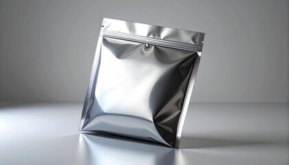 Blank silver metallic stand-up pouch with zip lock closure, a versatile packaging mockup template for food or product branding on a clean background