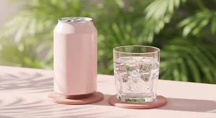 A refreshing scene with a pink soda can and a glass of water with ice on a pastel-colored surface