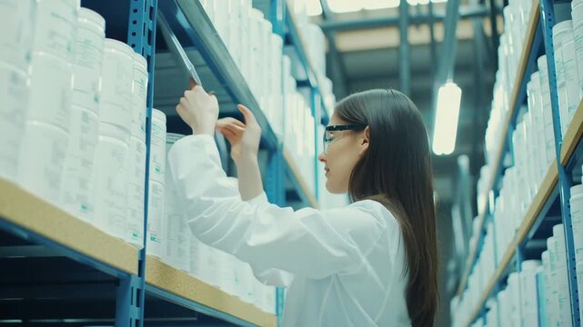 Scientist organizes items in a warehouse and checks inventory at a research facility