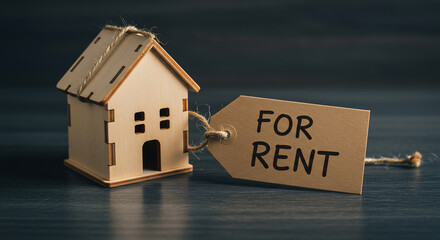 A small wooden house model is shown next to a brown tag clearly labeled "FOR RENT