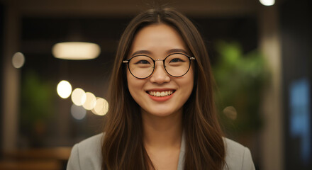 A smiling young Asian woman with long hair and glasses looks directly at the camera, exuding confidence and approachability