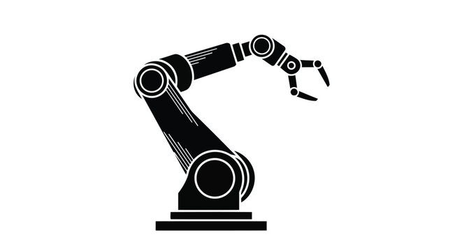 Robotic arm illustration with mechanical gripper in black and white, vector design