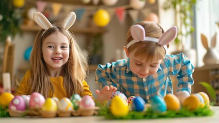 Children in bunny ears joyfully decorate Easter eggs at a bright indoor space filled with spring decorations