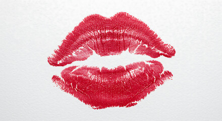 A vibrant red lipstick kiss mark stands out on a clean white textured background