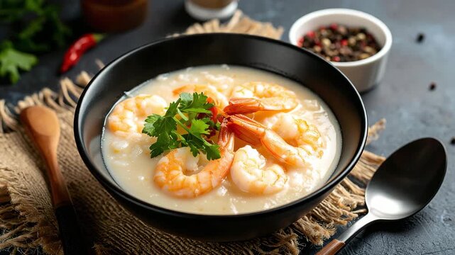 Shrimp Congee: a culinary delight showcasing a rich and creamy shrimp congee adorned with fresh parsley, embodying a symphony of taste and visual appeal.