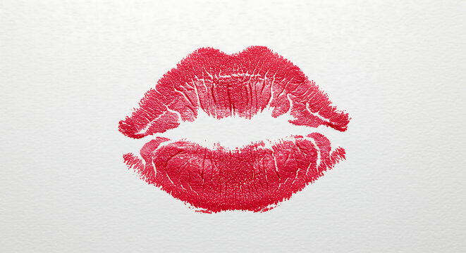 A vivid kiss print on a white background. Featuring a red lipstick imprint. Concept: love, romance, passion, dating, Valentine's Day, cosmetics