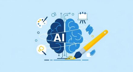 Obraz premium Artificial Intelligence Brain with Paintbrush and Creative Elements.