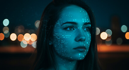 A young woman has code projected onto her face, representing artificial intelligence and the digital age