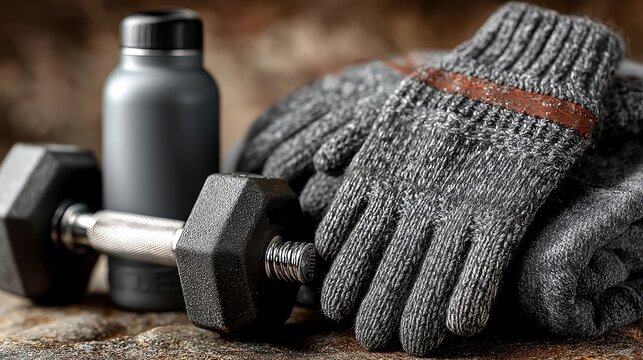 A set of fitness equipment, including a dumbbell, a gray water bottle, and a pair of gray knitted gloves, are arranged on a textured surface.