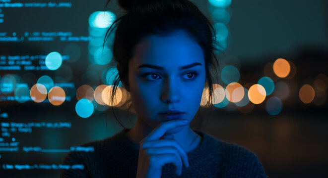 A young woman, bathed in cool blue light, intently focuses on abstract code projections, her pensive expression conveying deep thought and problem-solving