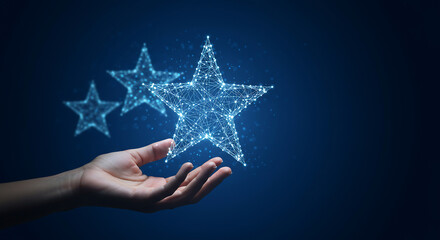 Abstract glowing stars concept. A hand presents holographic stars