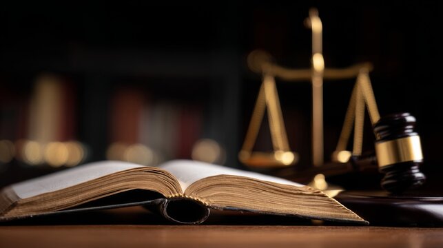 Open law book with blurred library background, wooden gavel and golden scales on dark table, symbolizing justice and legal practice