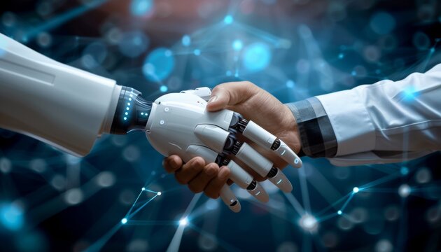 Futuristic humanoid robot shaking hands with human amidst a high tech digital blue background