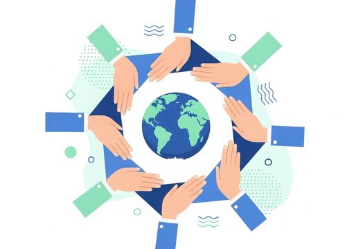 Diverse hands unite around planet earth, symbolizing global cooperation and teamwork