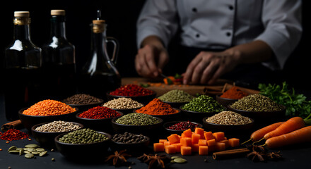 Chef preparing food with diverse spices and ingredients in a dark kitchen