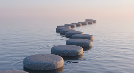 Circular stepping stones stretch across calm, reflective water towards a misty horizon